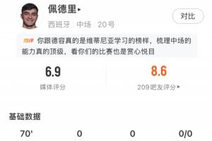 热区图集中在对方半场!佩德里全场数据:传球成功率85.3%,6.9分